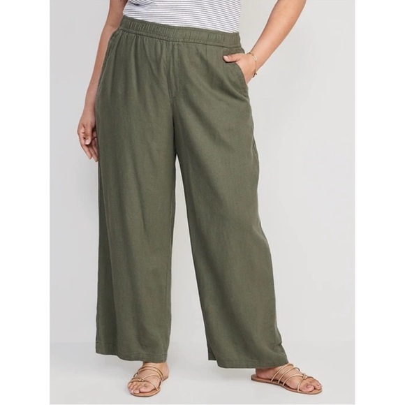 Old Navy Pants - Old Navy Wide Leg Linen High Rise Comfort Waistband Olive Green XL